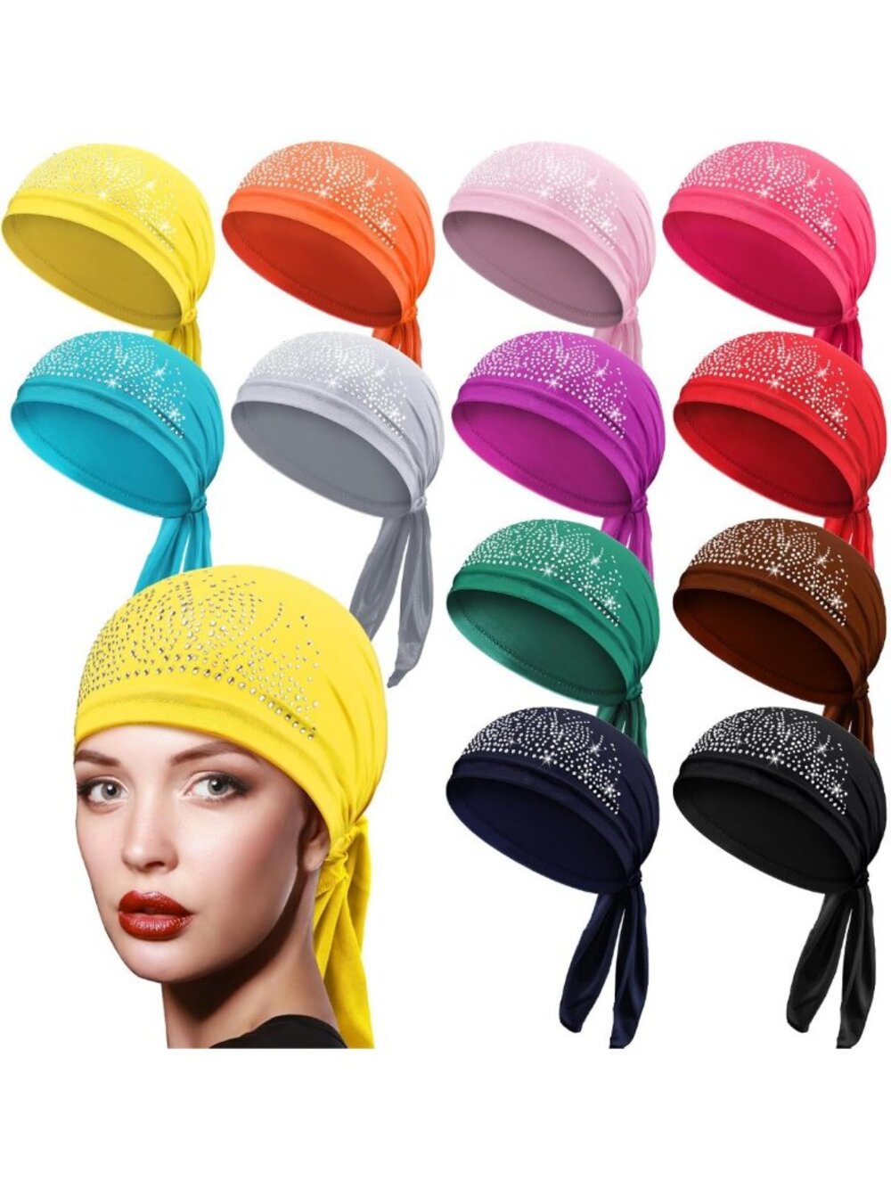 12 Pack Women's Rhinestone Head Scarves, Pre-Tied Stretchy Wraps for Fashion